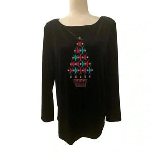 Bob Mackie Womens Vintage Velour Christmas Tree Rhinestone Top Size Large Black